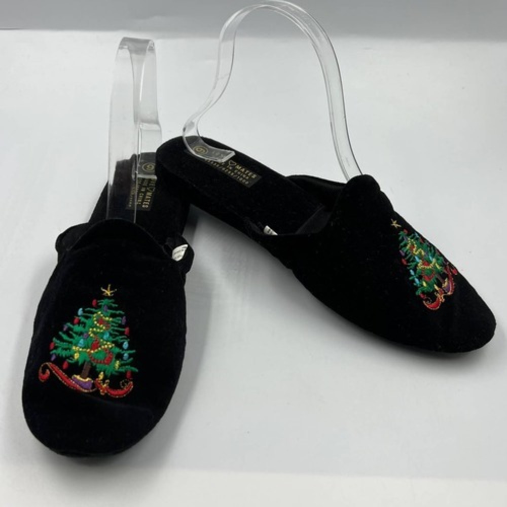 Love Mates Embroidered Christmas Tree Slippers Open Back Velvet Fabric Women's 6